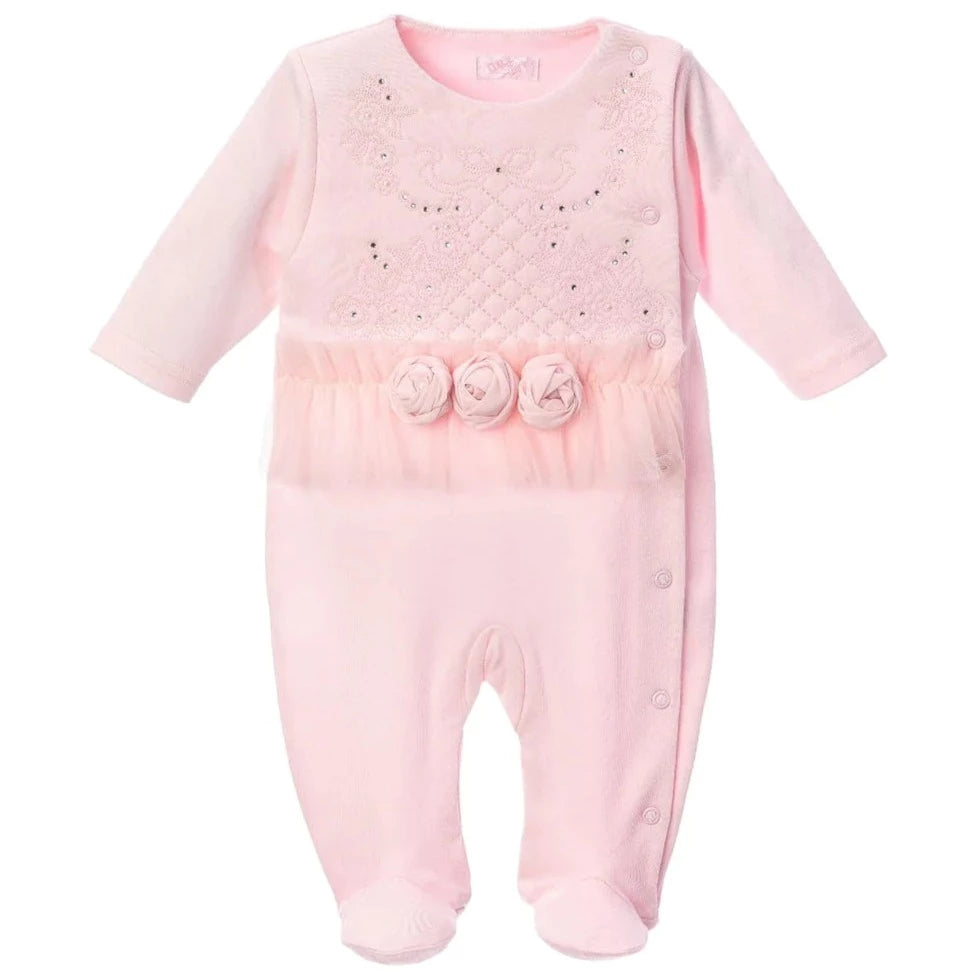 Girls' Pink Overalls With Tulle And Three Chiffon Roses