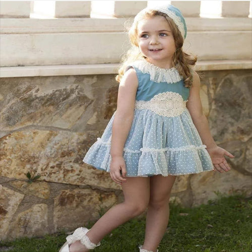A Three-Piece Set Designed In Turquoise Cotton Fabric And Soft Cream Lace