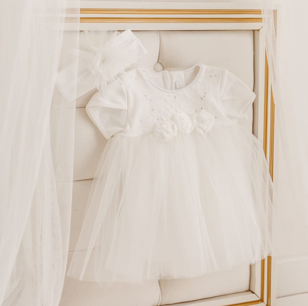 Elegant Girls' Ecru Dress Beautifully Decorated With Lace